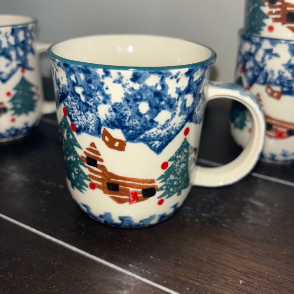 Set of 4 Mugs | Folk Craft by Tienshan | Cabin in the Snow | Sponge painted - Picture 3 of 11